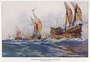 Drucke von Achte Kreuzzug Die Schiffe, die Louis IX von Frankreich nach Karthago auf seinem fatalem Kreuzzug in Nordafrika trugen Lizenzgebühren Drucke: 8. Kreuzzug - Flotte