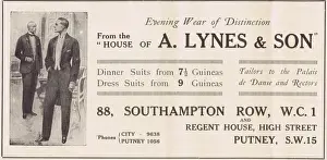 Drucke von Anzeige für das Haus von A.Lynes und Sohn in London aus dem Jahr 1921 mit Abendkleidung für Männer; Datum: 1921 Mode Drucke: Anzeige für das Haus von A.Lynes & Sohn, London