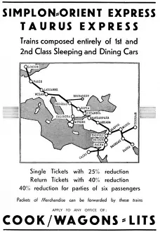 Drucke von Anzeige für die Simplon-Orient-Express und den Taurus-Express. Die Anzeige zeigt die Route zwischen London und Istanbul sowie die Routen von Haydarpaşa (Istanbul) nach Kairo, Basra und Teheran Verwandte Bilder Drucke: Anzeige für die Simplon-Orient-Express und den Taurus-Express