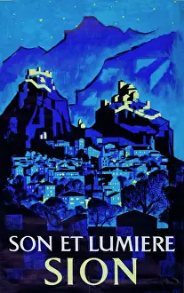 Drucke von Anzeige für ein Sonn und Licht-Festival in Sitten (Sion), Wallis/Schweiz ca. 1960 Schweiz Drucke: Anzeige für Sonn und Licht, Sitten im Schweiz