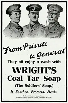 Drucke von Anzeige für Wrights Kohle-Tar-Seife, die Soldaten-Seife geeignet für alle vom Privatmann bis zum General im Jahr 1916 Badezimmer Drucke: Anzeige für Wrights Kohle-Seife 1916