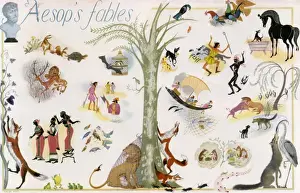 Drucke von Dieser Bildschirm zeigt kleine Schnappfragen von einigen der bekanntesten Fabeln des Apollonios wie Hase und Igel, Völkling und Trauben Äsop Drucke: Völkergeschichten von Aesop