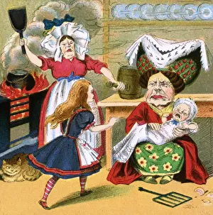 Drucke von Alice im Wunderland trifft die Herzogin, ihre Köchin und einen schreienden Babysitter. Datum: frühes zwanzigstes Jahrhundert Küche Drucke: Alices Welt aus dem Mondschein, Herzogin, Köchin und Baby