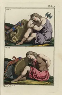 Ancient Battle Scene Drucke: Two Amazons with shields and weapons, the one