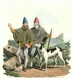 Drucke von Ein Brehon war ein Richter aus der alten Irland und hatte seinen Filidh mit ihm, dessen Aufgabe es war alle Gesetze zu kennen und sie zitieren zu können. Mit ihnen ging eine irische Wolfspitzel Irischer Wolfshund Drucke: Altertümliche irische Richter