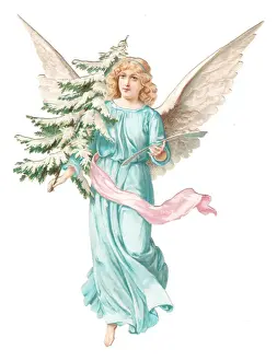 Viktorianisch Drucke: Engel mit Baum auf einem victorianischen Weihnachtskratzer