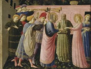 Drucke von ANGELICO, Fra (1387-1455). Die Annunciation 1430er Jahre als detailreicher Teil der Predella des Altars, die Hochzeit zwischen Jungfrau Maria und Heiliger Joseph darstellt. Renaissancekunst A Drucke: Angelo, Frater Die Annonziation Altarbild