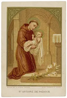 Drucke von Der italienische Heilige wird dargestellt, den Neugeborenen Jesu zu Fussen haltend; obwohl historisch gesehen die beiden nie miteinander getroffen haben Padua Drucke: Anton von Padua