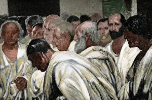 Drucke von Apul Klaudius der Zensur (340-273 v. Chr.). Römischer Zensusmann. Nachzeichnung von Sabattini nach einem Fresko von Cesare Maccari. Die ibrische Illustration, 1898., Farbig Cesare Maccari Drucke: Apul der Zensore (340-273 v Chr.). Grabrelief mit Farben