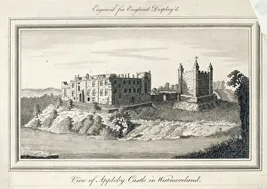 Drucke von Apfelbys Schloss, Westmorland (heute Kumbrien): die Burgkammer auf der rechten Seite stammt aus dem 12. Jahrhundert Historische Schlösser Drucke: Apfelby Schloss, Westmaldland