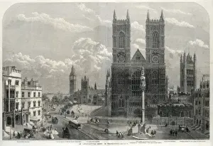 Drucke von Eine londontische Aussicht mit einem Pferdegespann und Wagen sowie mehrere bemerkenswerte Gebäude wie das Westminster-Hospital, Big Ben, der Platz des Parlaments, die Kirche St Margarets Straßenbahnen Drucke: Ein architektonisches Gruppenwerk im Westminister