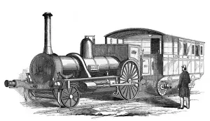 Drucke von Ein Leichtzuglokomotiv mit vier Rädern und befestigten Carriagen wurde von W.B Adams, Designer und Patentierer während der Großen Ausstellung im Hyde-Park 1851 präsentiert. Datum: 1851 Ariel Drucke: Arles Gurtel