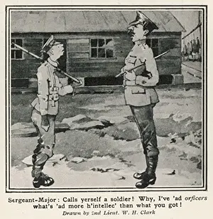 Drucke von Kartoon über die vergleichende Intelligenz von britischen Privatleuten und Offizieren. Der Sergeant-Major sagt seinen Offizieren, dass er weiß, was mehr Intelligenz ist als das, was ihr habt Historische Ereignisse Drucke: Heeresnachrichtendienst-Satire