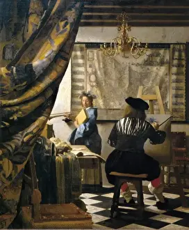 Drucke von Das Künstlerstudium / Die Kunst des Malens von Johannes Vermeer (1632-1675). Das Modell stellt sich wie die Muse Geschichte Clio dar Johannes Vermeer Drucke: Die Künstlerstube / Die Kunst des Malens