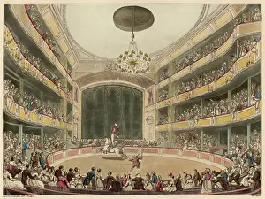 Drucke von Philipp Astley's Amphitheater am Westminster-Bridge-Road in London geliebt von Dickens; hier traten auch Clowns wie Grimaldi auf und wurde zu einem beliebten Melodram Theater Drucke: Astley's Amphitheater