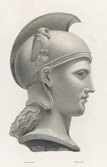 Drucke von Ein kolossales Minerva-Head, ein Beispiel für sehr frühe griechische Plastik. Die Göttin wird in einer stark restaurierten Form gezeigt mit späteren Hinzufügungen eines Helmkammes und Eulenmotiven Verwandte Bilder Drucke: Athena / Minerva Büste