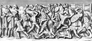 Drucke von Römische Truppen überfallen ein dacisches Dorf und tragen einen Stammholz zum Eindringen der Tore (heute Rumänien) – sie wurden schließlich von Trajan im Jahr 106 besiegt, Datum: 101 bis 106 Rumänien Drucke: Angriff auf das däksische Dorf