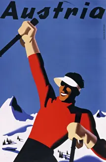 Drucke von Reiseplakatt für Österreich mit einem Skifahrer im Sonnenhut gegenüber einer Hintergrundlandschaft aus Winterbergen Poster Drucke: Austria