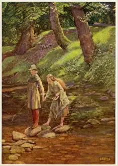 Drucke von Rosalind und Zelia verkleiden sich als Ganimedes und seine Schwester Alien und wandern im Wald von Arden Wald-Kunstwerk Drucke: Rosalind und Celia