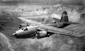 Drucke von Illustration zeigt einen amerikanischen B-26 Marauder mittleren Bomberbomber durch leichte Flak über der Küste Frankreichs im Jahr 1944 Flugzeuge Und Luftfahrt Drucke: B-26 Marauder Mittelbomber; Zweiter Weltkrieg, 1944