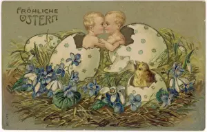Decorated Easter Eggs Drucke: Two babies and a chick hatching out of Easter eggs