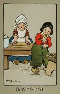 Drucke von Kuchen Tag von Ethel Parkinson. Eine kleine niederländische Mädchen knetet ein Teig und schmeckt gleichzeitig frisch gebackenes Gebäck eines kleinen Jungen Küche Drucke: Kuchen Tag, von Ethel Parkinson
