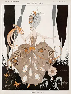 Drucke von Eine ausgiebig geschmückte Frau mit einem Feuer Vogel auf der Hand: ein Design beeinflusst von dem jüngsten Ballett des Diaghilew unter Musik von Strawinski Art Drucke: Ballet der Feuerzauber 1914