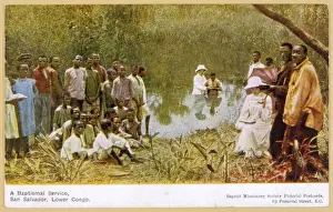 Drucke von Missionare der Baptistengemeinde führen eine Taufzeremonie in San Salvador, Niederkongo El Salvador Drucke: Taufung in Kongo