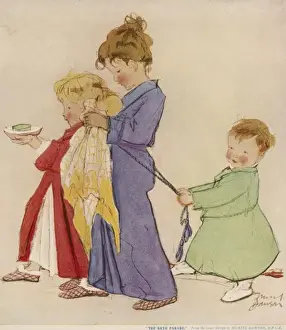 Drucke von Drei Kinder tragen Pyjama- und Nachthemdenkleidung sowie Schlupfern zu Fuß zur Toilette marschiert mit Handtüchern und Seife Badezimmer Drucke: Die Badparade von Muriel Dawson