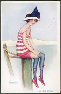 Vintage Bathing Costumes Drucke: Bathing Belle on Pier