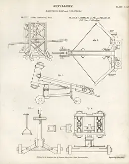 Copperplate Engravings Art Drucke: Battering ram and catapult