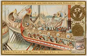 Drucke von Die römische Flotte unter Kaius Diulius besiegt die karthaginische Flotte unter Hannibal, die Römer nutzen Brücken zur Landung auf den feindlichen Schiffen und kämpfen Hand an Hand Karthagische Zivilisation Drucke: Battel von Milae
