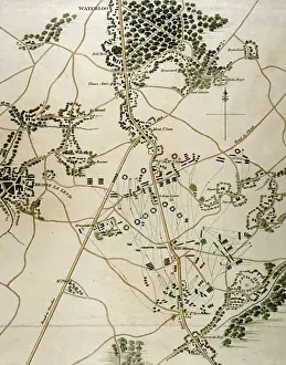 Drucke von Ein Kampfplan für Waterloo. Rot = Engländer und Belgien Grüne = Preußen Blau = Franzosen Datum: 1815 Schlacht Von Waterloo Drucke: Kriegsplan / Wasserloo