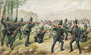 Drucke von Kampf im Pyrenäen, 1813. Wasserfarben von Richard Simkin. Die 95er Schützen (jetzt Rifle Brigade) Pyrenäen, 1813. Verbunden mit dem Krieg in Spanien (1808-1814). Datum: 1813 Aquarellbilder Drucke: Bundesakt des Pyrenäen, 1813