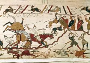 Drucke von Bayeux-Tapete 1066-1077 Szene des Schlachtfelds von Hastings Detail der Schlacht zwischen den Soldaten Wilhelm I England und den Anglo-Sachsen Romanische Kunst Dekorative Kunst Tapete Frankreich Vereinigtes Königreich Drucke: Tapestrée von Bayeux, 1066 - 1077, Szene des Kampfes