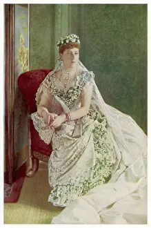 Drucke von Prinzessin Beatrice Tochter von Viktorien, verheiratet mit Prinz Heinrich von Battenberg im Jahr 1885 Mode Im Viktorianischen Zeitalter Drucke: Beatrice in weißem Kleid