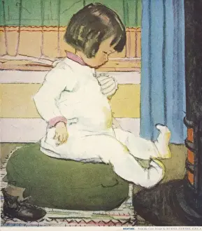 Drucke von Zierliche Illustration, die eine sehr süße kleine Mädchen mit geradem gescheiteltem Haar und einem Bauch warmt seine Zehen vor dem Ofen zu Bett Muriel Dawson Drucke: Gehn zur Schlafein durch die Nacht von Muriel Dawson