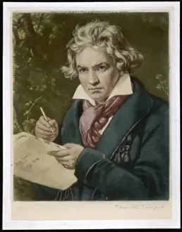 Drucke von Ludwig van Beethoven Deutscher Komponist Porträt von ihm, der einen Score hält B Drucke: Beethoven, Johannes Kuhnau Steiler