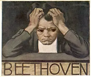 Drucke von Ludwig van Beethoven sitzt mit geschlossenen Augen und kämpft gegen seine innere Dämonen während er sein neuntes Symphonienkomponiert Ludwig Van Beethoven Drucke: Ludwig van Beethovens Neunte Sinfonie