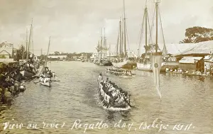 Drucke von Regatta am Belize-Haulower-Kreek (auch bekannt als der Fluss des Belizes), in der Stadt Belmopan im Kanton zuerst auf dem Landgebiet von British Honduras gelegen; Datum: 1911 Belize Drucke: Belize - Regatta am Fluss