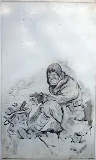 Royal Warwickshire Regiment History Drucke: Bert warming himself by a brazier