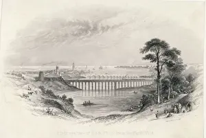 Drucke von Die Brücken und der Hafen von Berwick-upon-Tweed, Nordumberland, gesehen vom Nordwesten Schottlands.England liegt über dem Tweed Scottish Borders Drucke: Bridgen und Berwick