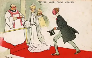 Drucke von Besser Spät als nie - ein Brautehrer eiligt hasty auf den Gang zum Altar und steht neben seiner Bräutein die nicht überhaupt von seinem etwas lockeren Zeitgefühl beeindruckt ist. Datum: 1903 Tom Browne Drucke: Besser Spät als nie