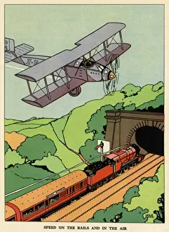 Tunnel Drucke: Ein Biplan und eine Dampflok