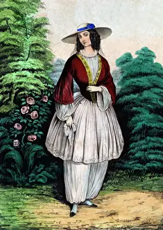Drucke von Die Blumengewand- Kleidung . Frau in Blumenhose und Hose Modejahr : 1851 Historische Modetrends Drucke: Die Blumengewand