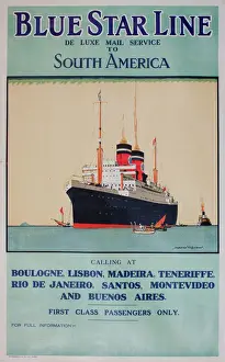 Drucke von Blue Star Line nach Südamerika, an Boulogne, Lissabon, Madeira, Teneriffa, Rio de Janeiro, Santos, Montevideo und Buenos Aires. Nur Erste-Klasse-Passagiere. circa 1925 Südamerikanische Kunstdrucke: Plakat der Blue Star Line nach Südamerika.