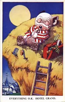 Old Illustration Art Drucke: Bonzo asleep on a haystack
