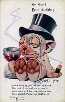 Bonzo in Zylinder trinkt Wein.