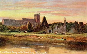 Avon Drucke: Bournemouth, Christ Church-Priesterhaus am Fluss Avon