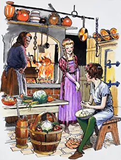 Vegetable Still Life Images Drucke: Boy peeling potatoes